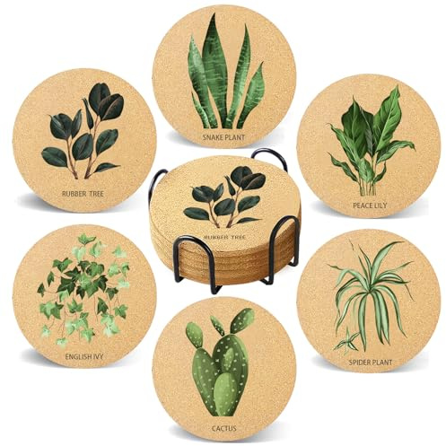 Cegkuc Plant Coasters for Drinks with Holder Set of 6, Illustration Absorbent Cork Coaster for Cup Desk Office Table Kitchen Decor House Warming Gifts for New Home Couples, Round 4