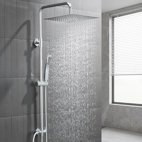 Auralum Columna Ducha sin Grifo, Set de Ducha con Cabezal de Ducha Lluvia 30×30 cm Cuadrado Acero Inoxidable, Alcachofa, Barra de Ducha Altura Regulable 68-108cm,válvula desviadora de Latón,Cromo