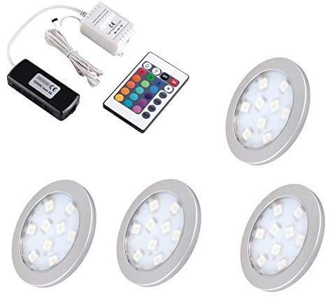 1-6x RGB-LED Aufbau Möbel-/UnterbauleuchteORBIT + RGB-Controller + Trafo (4 Stück RGB ORBIT Leuchten + RGB-Controller + Trafo)