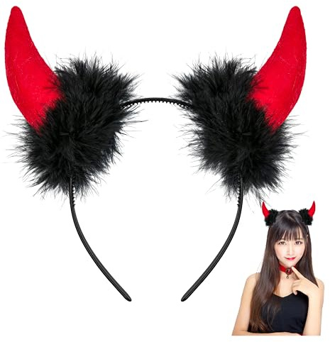 Balinco Teufelshörner Haarreif für Erwachsene, Rotes Plüsch Teufel ohren Haarband Kostüm Zubehör für Halloween, Fasching, Karneval, Party, Schwarz/Rot