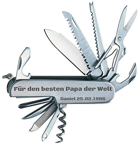Personalisiertes Multifunktions-Taschenmesser mit Gravur Messer mit Namen (Multitool silber)