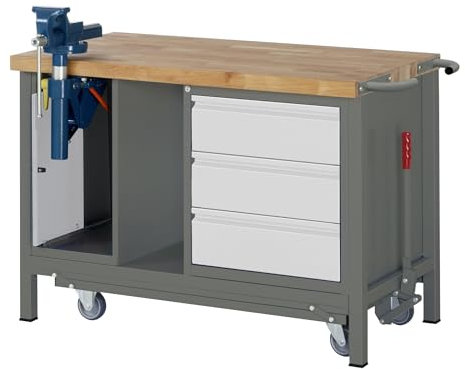 STIER Werkbank Premium, mit abs. Fahrgestell, 3 Schubladen und Schraubstock, 125x70x88cm, Stahl & Buche