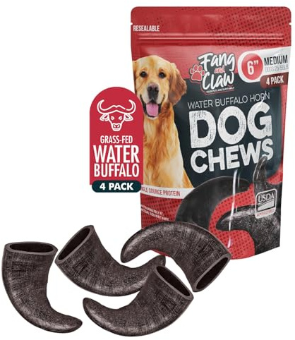 Fang and Claw Water Buffalo Horn Dog Chew 4 Pack (Medium 6 Inch), Long-Lasting Natural Chews for Aggressive Chewers, Single-Ingredient, No Rawhide