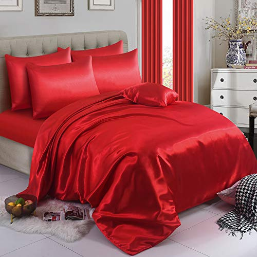 ZIMEL HOMES 6 piece-Satin sheets Soft bedding shiny silky bedding sets - duvet cover, Fitted sheet set, 4 pillowcases, complete bed sheet set