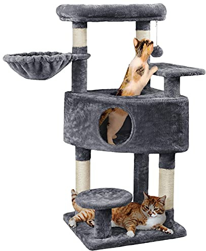 costoffs 117 cm Multi-Level Cat Tree with Cat Condo, Dark Grey | Pet Standing Activity Centre for Kittens, Larger Top Plush Perch, Sisal Scratching Post, Cat Basket