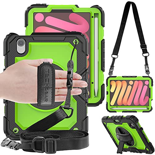 TECHGEAR UTILITY Case for iPad Mini 7/6, 8.3 - Tough Rugged HEAVY DUTY Armour Shockproof Case with 360 Rotating Stand, Hand and Shoulder Strap - Green