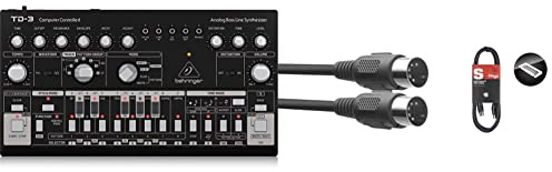 Behringer TD-3-BK Analoger Bass-Line-Synthesizer mit VCO, VCF, 16-stufigem Sequenzer, Verzerrungseffekten und 16-stimmiger Polykette & Stagg SMD2 E MIDI-Kabel (2m, DIN-Stecker-auf-DIN-Stecker)