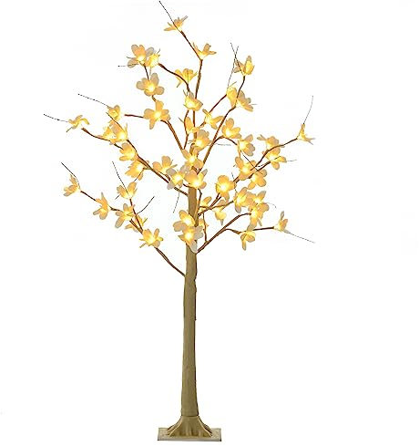HOMCOM Árbol de Flor de Cerezo Altura 120 cm con 48 Luces LED IP44 en Blanco Cálido Ramas Flexibles y Base Lámpara de Árbol Decoración Navidad para Interiores 18x18x120 cm Caqui