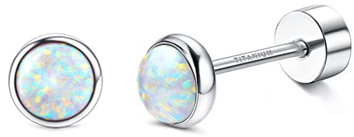 JeryWe 20G G23 Titanium Opal Flat Back Stud Earrings for Women Teens Implant Grade Studs Earrings Hypoallergenic Cartilage Helix Conch Jewelry for Multiple PiercingWhite Opal 4mm