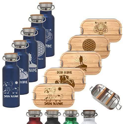 Brotdose 1100ml mit Fächern und Trinkflasche 500ml aus Edelstahl mit Namen personalisiert, Lunchbox und Isolierflasche für Kinder und Erwachsene Brotzeitbox (Flasche BLAU, Große Lunchbox 1100ml)
