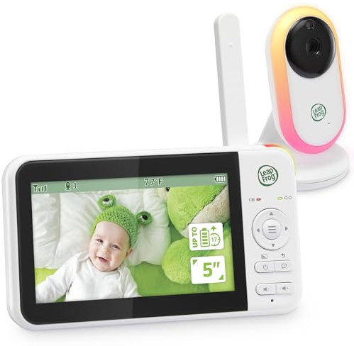 LeapFrog LF2415 babyskärm, 5 tum IPS LCD-skärm, 305 m räckvidd, mörkerseende, lugnande vaggor, nattlampa, 2-vägs ljud, temperatursensor, säker överföring ingen WiFi