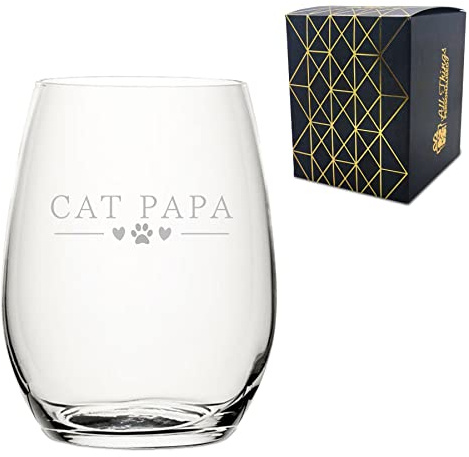 Engraved Novelty Stemless Wine Glass with Cat Papa Design, Laser Engraved, Gift Box Included, Gift for Dad, Birthday Gift, Cat Lover Gift, Funny Cat Gift, Add an Optional Personalised Message