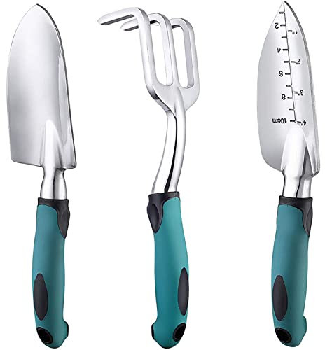 BIGP 3 Stücke Gartengerät Set, Gartenwerkzeug Set aus Aluminiumguss mit Handkelle, Pflanzkelle, Harke für die Gartenbepflanzung