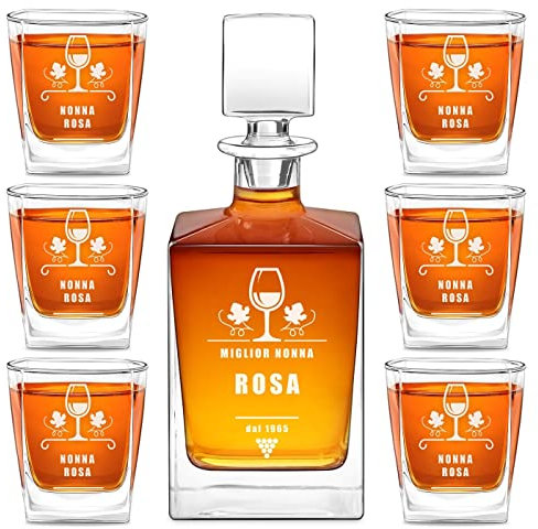 Maverton set Decanter da whisky con 6 bicchieri - incisione personalizzata - Caraffa vetro con tappo 810 ml - Bottiglia per whiskey - pensiero originale donna - per compleanno - calice