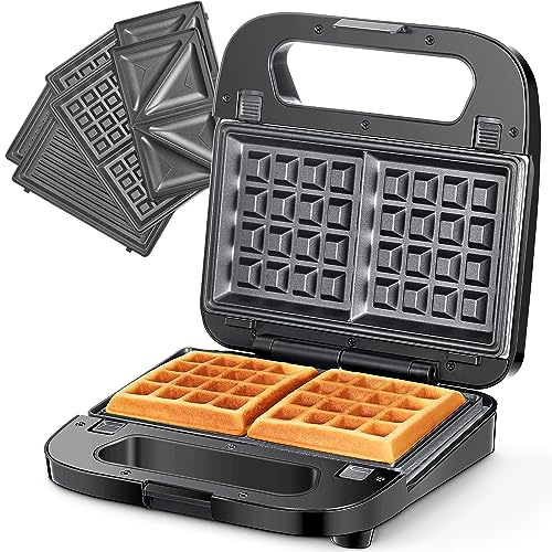 Reemix 3-in-1 Waffle, Grill & Sandwich Maker, Panini Press Grill and Waffle Iron Set with Removable Non-Stick Plates, Perfect for Grilled Cheese, Tuna Melts, Burgers, Steaks (Black, Stainless steel)