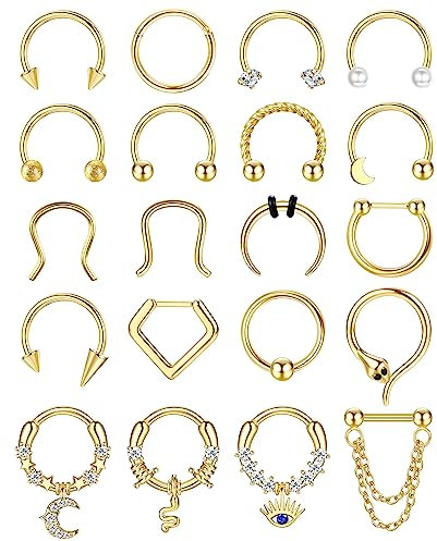 FIOROYAL 𝟐𝟎 𝐒𝐭ü𝐜𝐤 𝟏𝟔𝐆 Septum Piercing Chirurgenstahl Nasenpiercing Septum Clicker Piercing Set Gold Silber Schwarz Helix Conch Tragus Piercing Lippe Piercing Ring 10MM G
