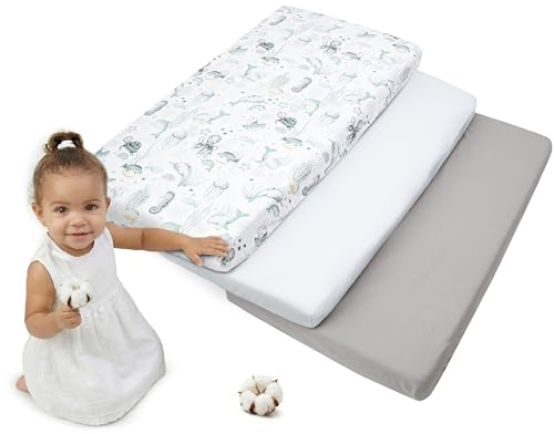 Medi Partners Spannbettlaken 60x120 3-Pack Baby Bettlaken Kinderbett Spannbetttuch 100% Baumwolle - Fitted Kinder Sheet Bettwäsche Babymatratze Schlafsack Babybett (Ozean-Weiß-Graue)