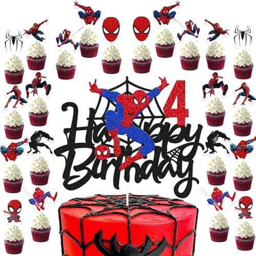 25 Pcs Cake Toppers 4 Cake Decorations 4th Birthday Cupcake Toppers for Birthday Party Supplies