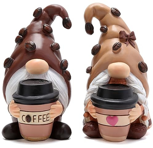 Hodao Coffee-Themed Gnome Duo: Male & Female Gnome Figurines, Coffee Decor Statue for Indoor Home Decor, Gardens, Porches - Brown
