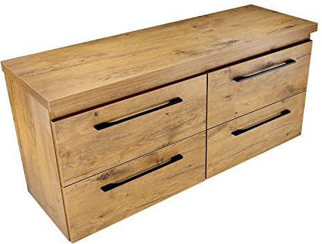 Paplinskiomebel - Armadietto sospeso 160 cm, montaggio a parete in rovere Lancelot, quattro cassetti, armadietto da bagno, lungo 159,6 x 38,8 x 51,5 cm, con ripiano per lavabo, doppio