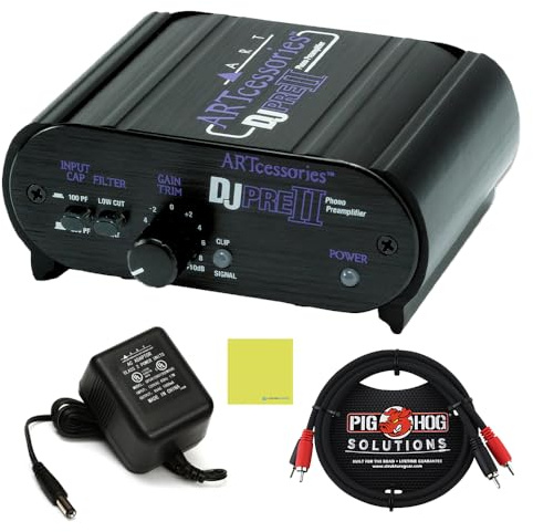 Art DJ PRE II Phono Preamp Bundle with Pig Hog Dual Cable RCA - RCA Cables 3ft and Liquid Audio Instrument Polishing Cloth - Phono Preamp for Turntable, Record Player