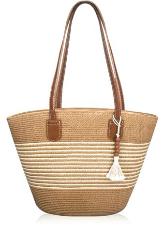boshiho Sommer Stroh Strandtasche Damen - Handtasche Geflochten Braun groß, Strand Umhängetasche Strohtasche Korbtaschen für Reisen Urlaub, Arbeit, Outdoor, Shopper (Brown Beige)