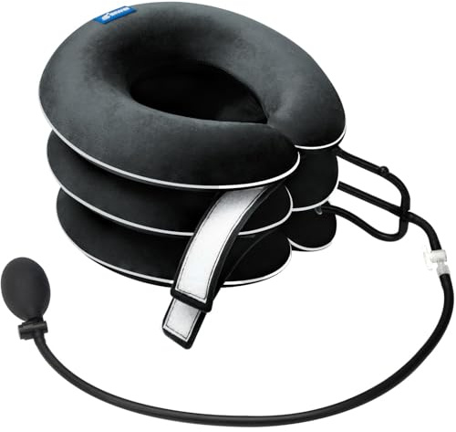 Cervical Neck Traction Device for Neck Pain Relief - Inflatable Neck Stretcher Collar for Decompression - Best Home Use Neck Brace Pump (Black Plush)