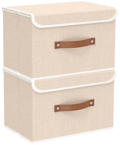 Yawinhe 2 Stück Faltbare Aufbewahrungsbox mit Deckel,38x25x25cm,Beige | Waschbare Aufbewahrungsboxen;Faltbare Stoff Stoffboxen;Kisten Aufbewahrung mit Praktischen Griffen;Faltboxen Aus Vliesstoff