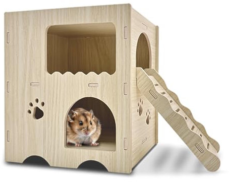 Hamster Haus Holz, Mehrkammernhaus, Spielplatz, 2 Etagen mit Leiter, Haus für Zwerghamster Rennmäuse Goldhamster Degus 20 * 14 * 21 cm
