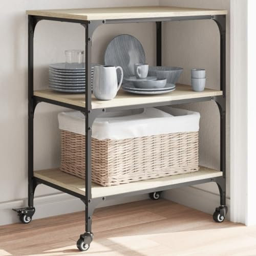 AUVYI Chariot de service à 3 niveaux en chêne Sonoma - Étagère de cuisine sur roulettes - Étagère pour mini four à micro-ondes - 60 x 41 x 76 cm