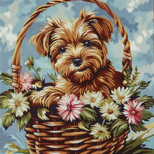 RKFLGEW DIY knüpfen set Yorkshire Terrier Tier knüpfstern Hund und Blumen DIY Knüpfkissen，Überwurfkissen，Matte，Stickerei-Bastelsets für Anfänger mit aufgedrucktem Muster，Heimdekoration 43x43cm