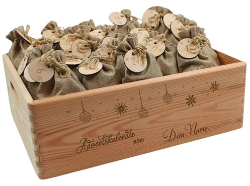 Adventskalender mit Name, Adventskalender zum Befüllen, Adventskiste Kinder, Adventskalender Kinder, Adventskiste personalisiert, Weihnachtskalender aus Holz mit Namen Kugeln