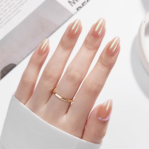 VSALON Nägel zum Aufdrücken, kurzes Mandel-Design, einfarbig, rosa, Chrom, Perlglanz-Design, 32 Stück in 16 Größen, wiederverwendbares Nagelset mit langanhaltendem UV-Kleber, Klebestreifen und