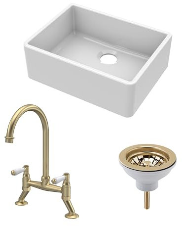 Balterley 595mm Butler Sink Single Bowl with Bridge Lever Mixer Tap & Waste, Durable Fireclay Butler White Ceramic Kitchen Sink, Apron Front Single Bowl Farmhouse Sinks (White/Brushed Brass)