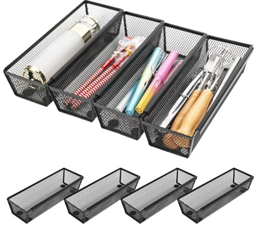 elthmpr Organizador Cubiertos para Cajon - 4 Cesta Metalica Rejilla, cajón con lados entrelazados, insertos ampliables para cubiertos, cosméticos, suministros de oficina