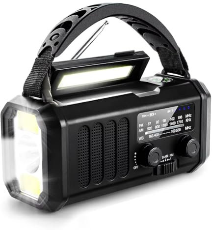 yomoe Radio Meteorológica de Emergencia FM/Am/, Radio Portátil con Manivela, Linterna, Energía Solar de 10000 MAh para Acampar Al Aire Libre