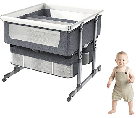 Beistellbett Baby, Convertible Faltbare Babybett Co-Sleeping, Beistellbett Baby Boxspringbett Reisebett Baby mit Matratze, Babybett 6 Fach höhenverstellbar mit Aufbewahrungskorb & Tragetasche