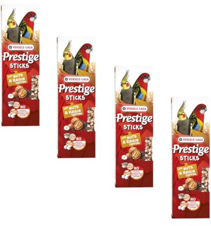 Versele-Laga Prestige Sticks Periquitos Grandes con nueces y pasas | Paquete de 4 | 4 x 140 g | Snack para periquitos Grandes | Sin azúcar añadido y conservantes sintéticos
