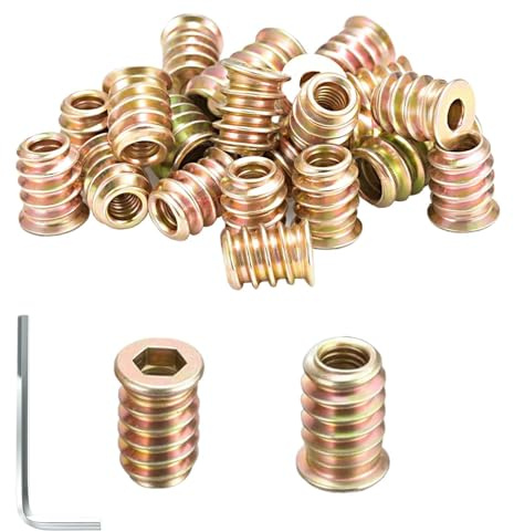 jwtyu 45 Pièces Insert Fileté Bois M6 x 10 mm écrous à visser insert bois M6 Manchons à visser M6 galvanisés Avec clé à six pans creux Pour panneaux de fibres, contreplaqué et meubles en bois