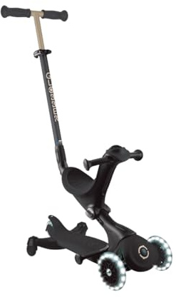 Globber GO•UP Deluxe Lights 360 - Skalbar skoter med 3 hjul med säte och 360-modul, för barn från 15 månader till 6 år, svart