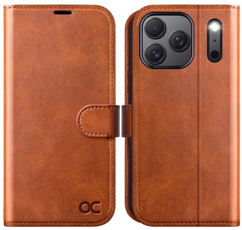 OCASE-fodral för iPhone 17 Pro Max 5G, mobilfodral [Kortfack] [Magnet] [Ställfunktion] [RFID-blockerare] Stötsäker läderfodral Kompatibel med iPhone 17 Pro Max Ljusbrun