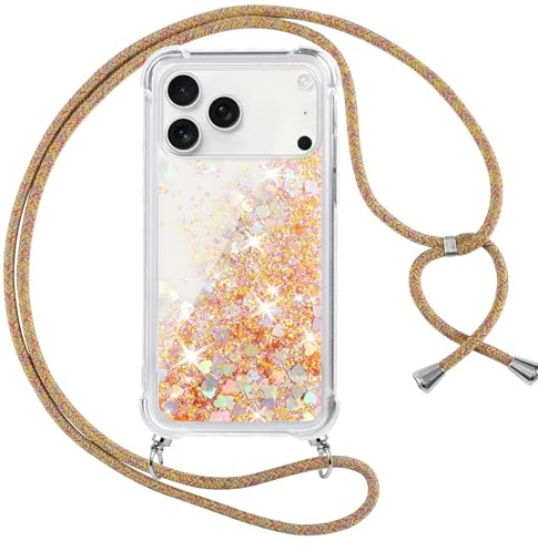 Vauki Handyband für iPhone 17 Pro Max Hülle mit Band, Silikon Durchsichtig Transparent Flüssig Glitzer mit Kette Kordel Bumper Treibsand Necklace TPU Schutzhülle Case für iPhone 17 Pro Max, Gold