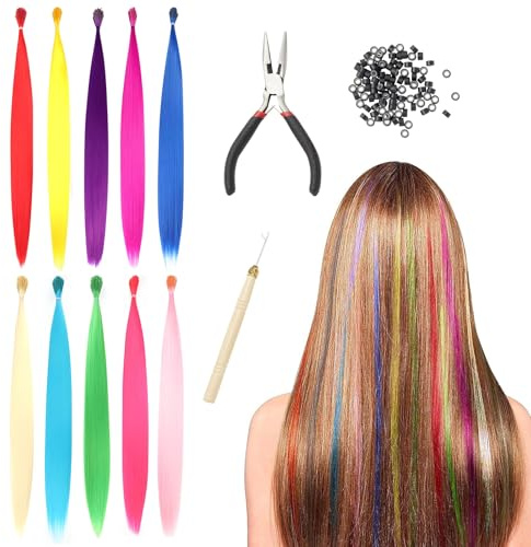 100 Pezzi Ciocche Colorate Per Capelli Bambina Hair Tinsel Vari Colori Fili Colorati Per Capelli, Con 150 Anelli Tinsel e 1 Uncinetto 1 Pinze, Con Feste e Decorazioni