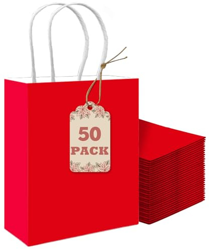 Gcardist 50 röda presentpåsar av papper med handtag – 21,1 cm x 15,2 cm x 8,0 cm – små festpresentpåsar för flera användningsområden
