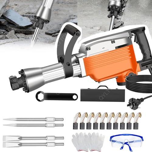 TYH Martello Demolitore Elettrico, Kit Martello Demolitore per Calcestruzzo da 1400 W, con 2 Scalpelli Affilati/ 2 Scalpelli Piatti, Martello Pneumatico Rotante A 360° per Lavori Pesanti