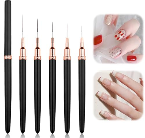 JYNXOR 5 Pcs Pinceau Nail Art Ongles, Pinceaux Métalliques Pour Nail Art, Pinceau Liner Ongle Professionnel,Outils De Dessin Pour Les Lignes Longues, Détails Fins,French Manucure(5/8/12/20/25 mm,Noir)