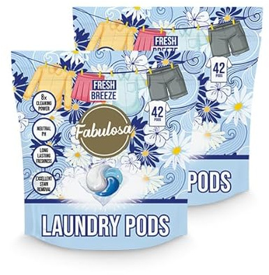 Fabulosa Powerful Washing Pods, Stain Removing, Cleaner and Freshener, Long Lasting Laundry Detergent Freshness, 84 Washing Machine Bio Laundry Pods, 2 Pack, Fresh Breeze