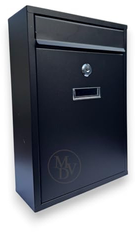 MODOVO Wall Mounted Post Box 31 × 22 × 8 cm Secure Lockable Letter Box with 2 Keys Weatherproof Mailbox for Home, Office & Garden Gate Modern Steel Outdoor Mail Box Nameplate (Matte Black Finish)