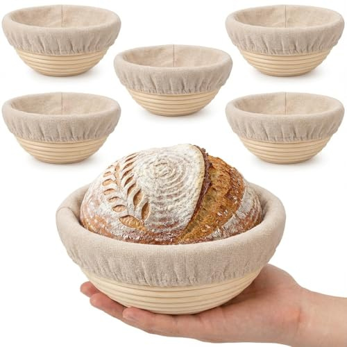 Banneton Bread Proofing Basket 6 Pack 6 Inch Sourdough Rattan Basket | Natural rattan sourdough proofing baskets for home and professional baking, ideal for shaping artisan bread