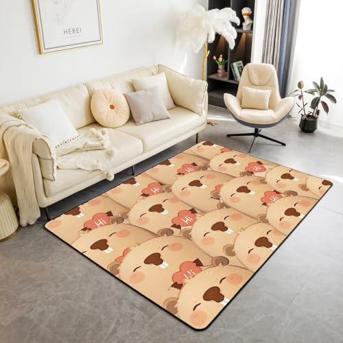 Erosebridal Capybara Area Rug 4'11 x 3'3 Lovely Heart Living Room Rugs Funny Capybaras Pattern Kawaii Decorative Carpet Cute Rodent Animals Theme Indoor Floor Mat
